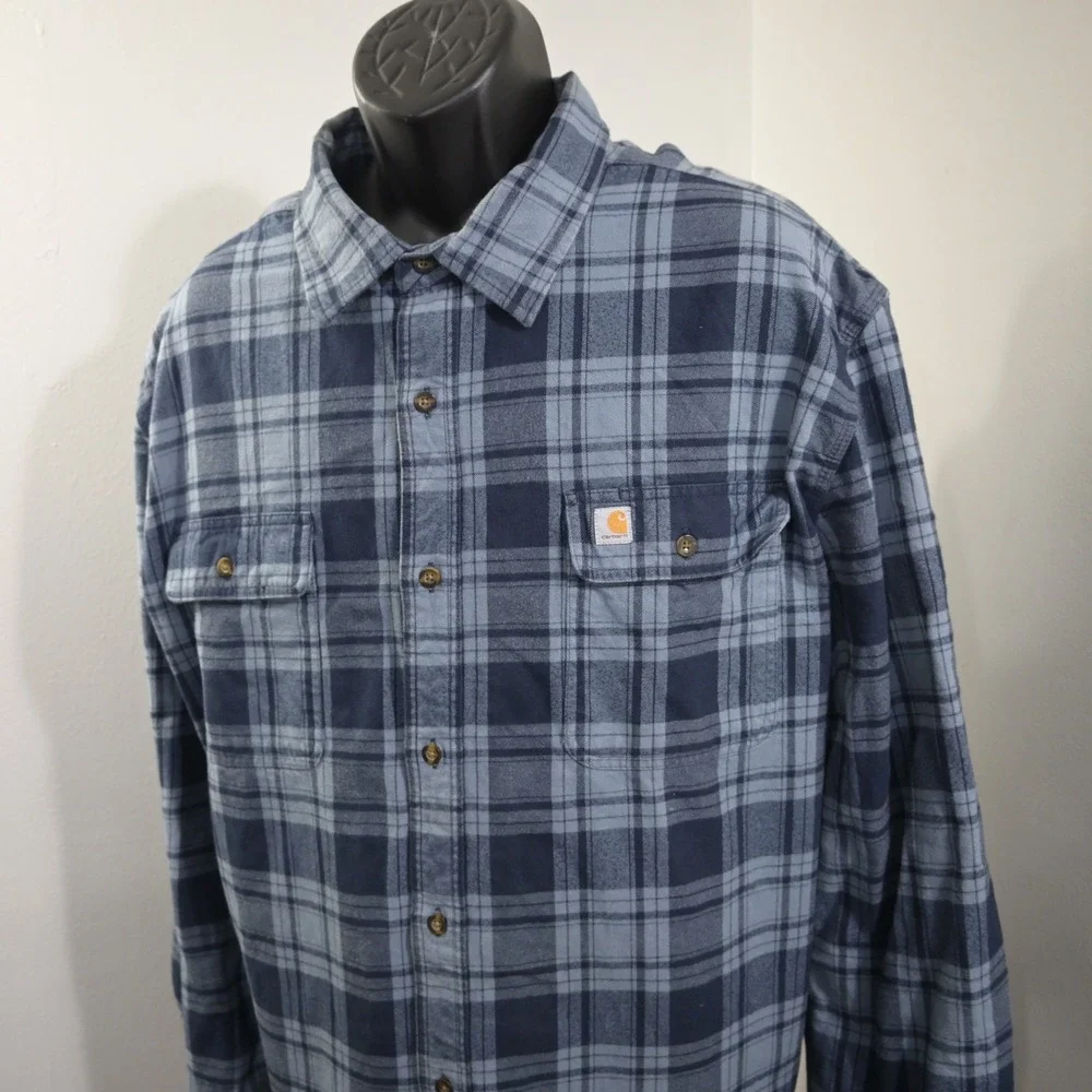 Carhartt Heavy Flannel Button Up Shirt Mens 3XL Original Fit Blue Plaid Pocket